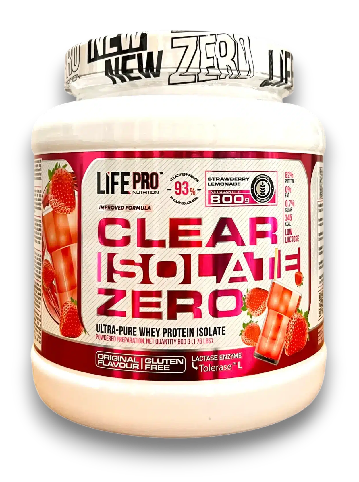 Pot de Life Pro Clear Isolate Zero – whey isolate, saveur fraise (800 g).