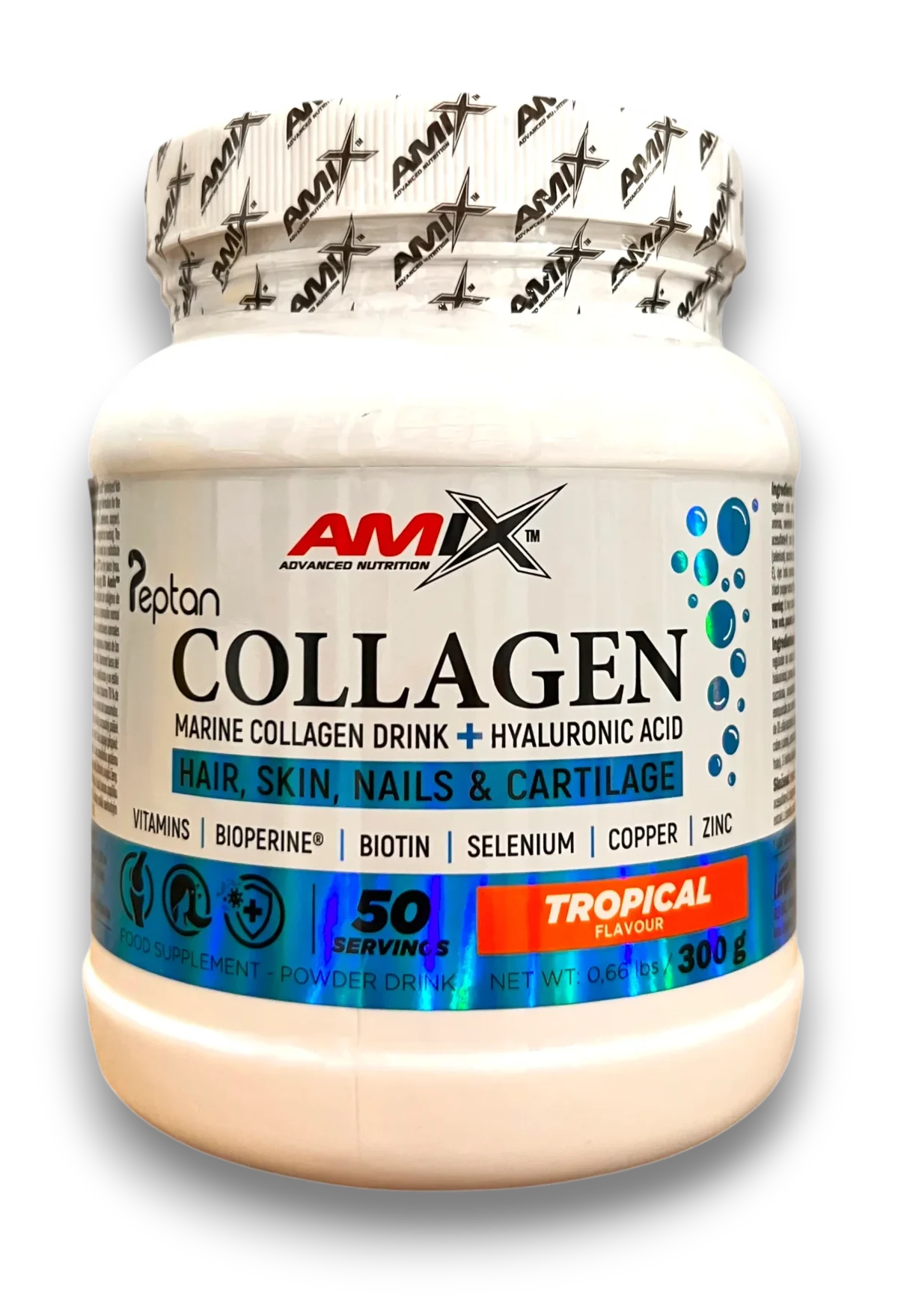 AMIX Peptan Collagen marin + acide hyaluronique, Tropical, 300 g.