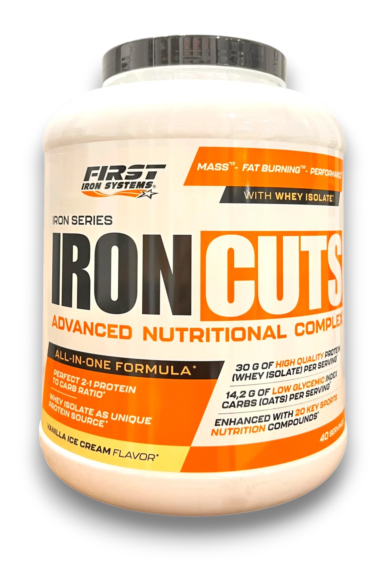 First Iron Systems – Iron Cuts Advanced Nutritional Complex, all-in-one formula with whey isolate, Vanilla Ice Cream flavor, 40 servings.