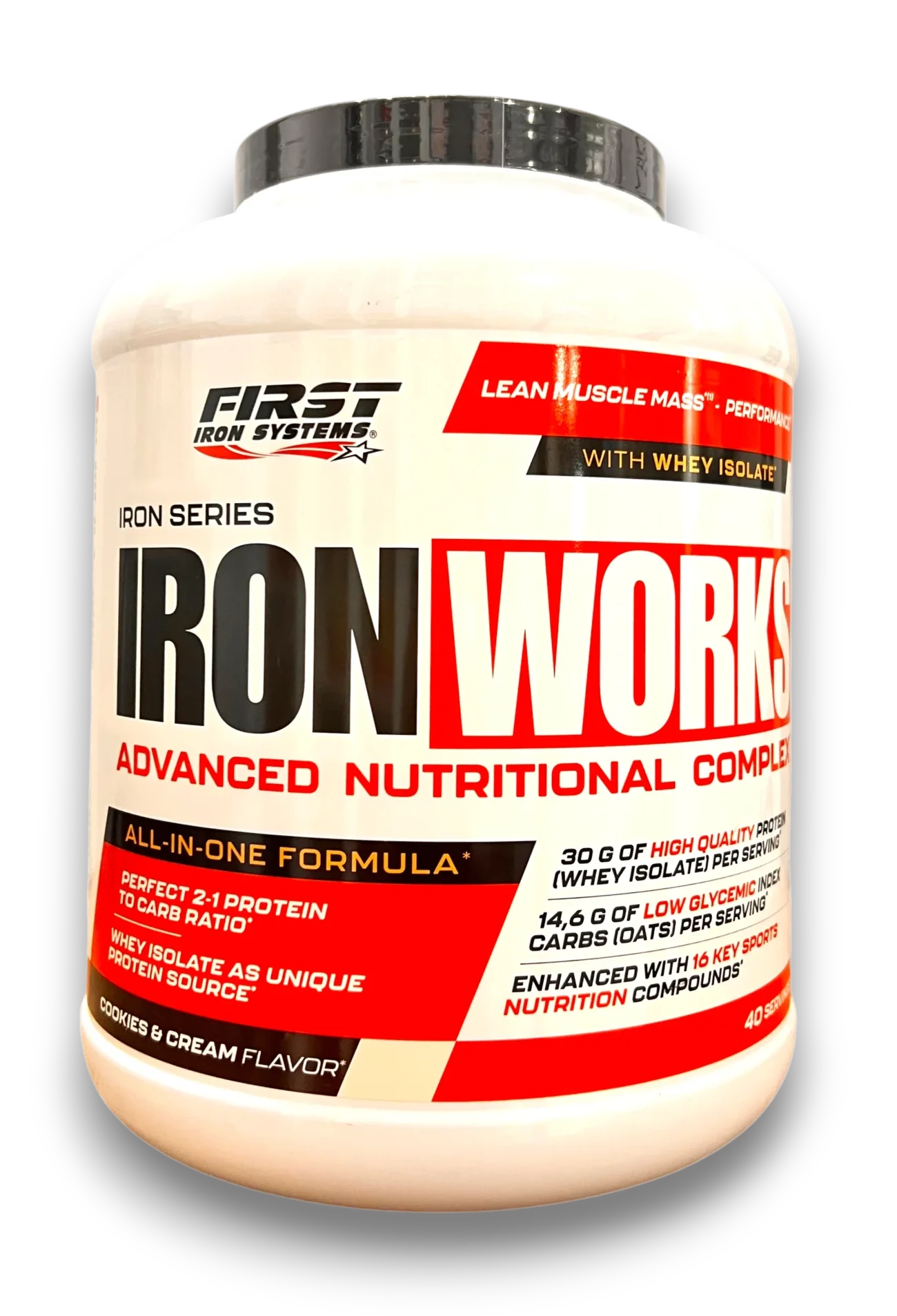 First Iron Systems – Iron Works Advanced Nutritional Complex, all-in-one formula with whey isolate, Cookies & Cream flavor, 40 servings.