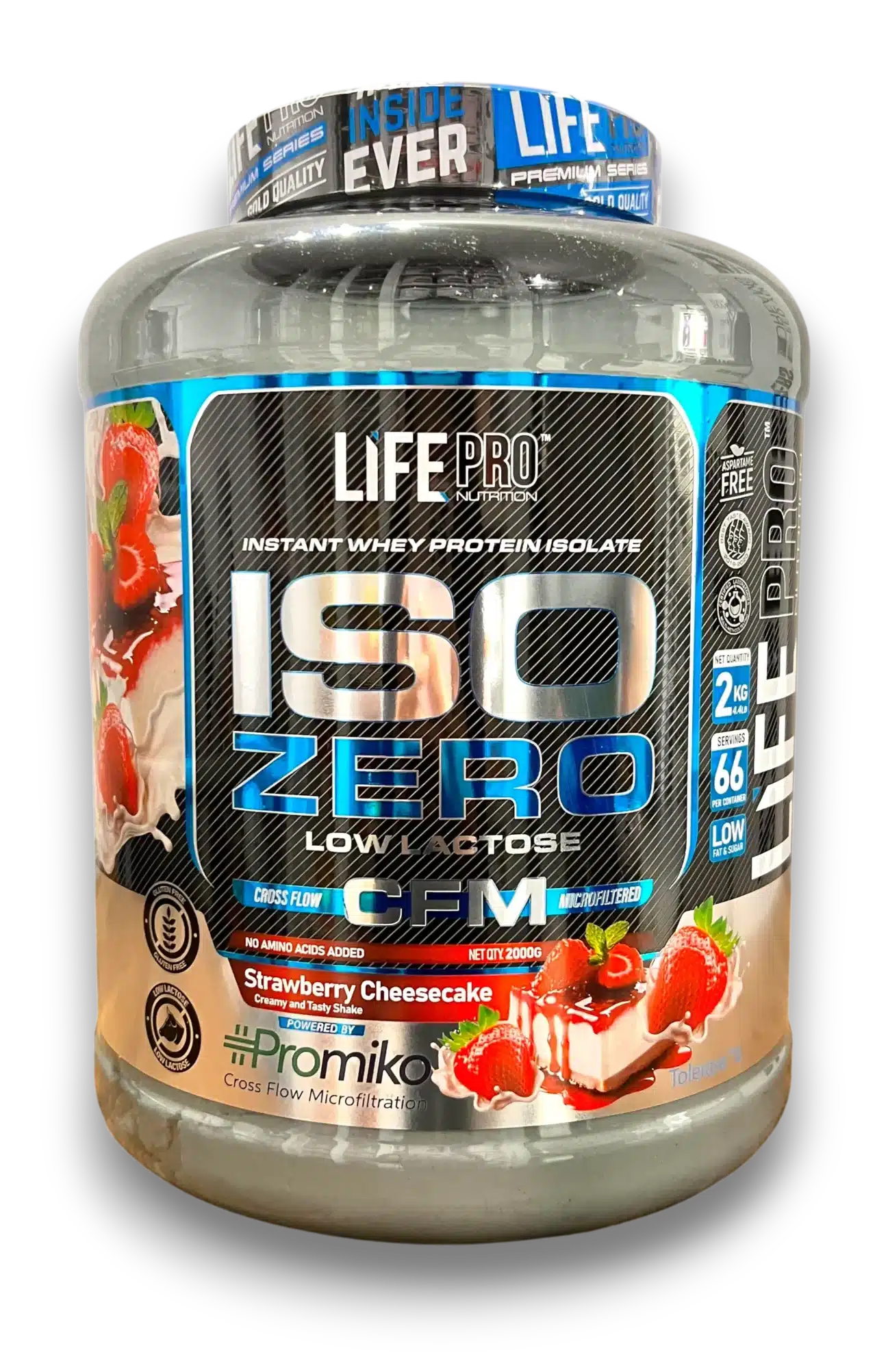 Pot LifePro ISO Zero CFM – whey isolate, low lactose, goût Strawberry Cheesecake.