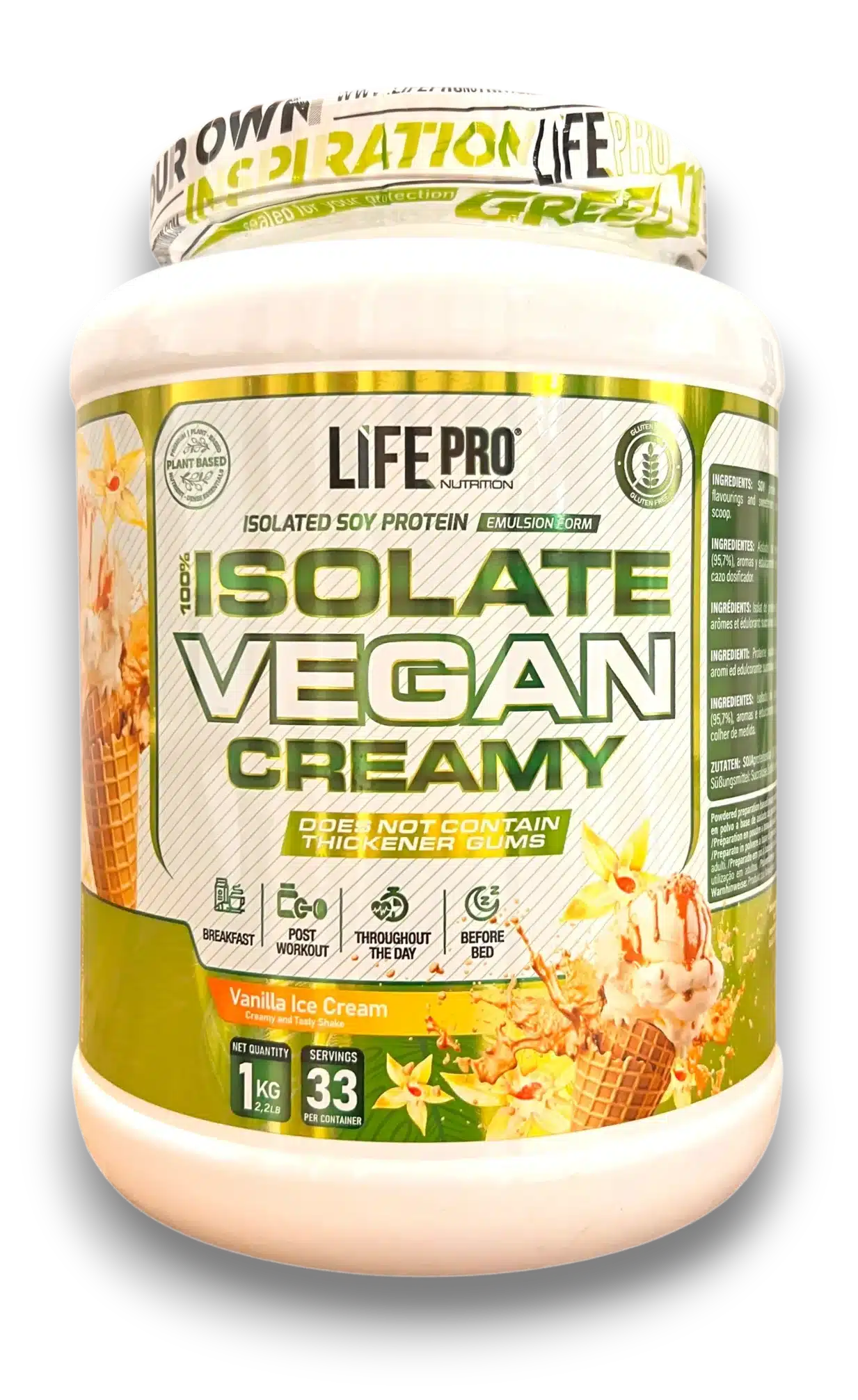 Life Pro Nutrition Isolate Vegan Creamy – isolated soy protein powder, Vanilla Ice Cream flavor, 1 kg (33 servings).