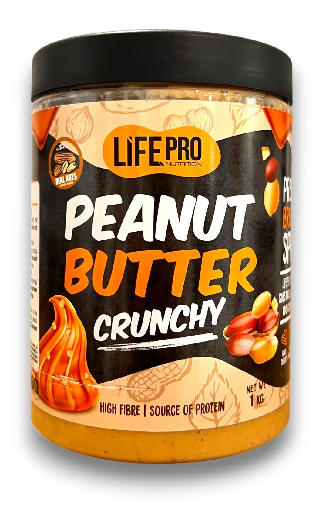 Pot de beurre de cacahuète Life Pro Nutrition Crunchy, 1 kg, riche en fibres et source de protéines, avec morceaux de cacahuètes.