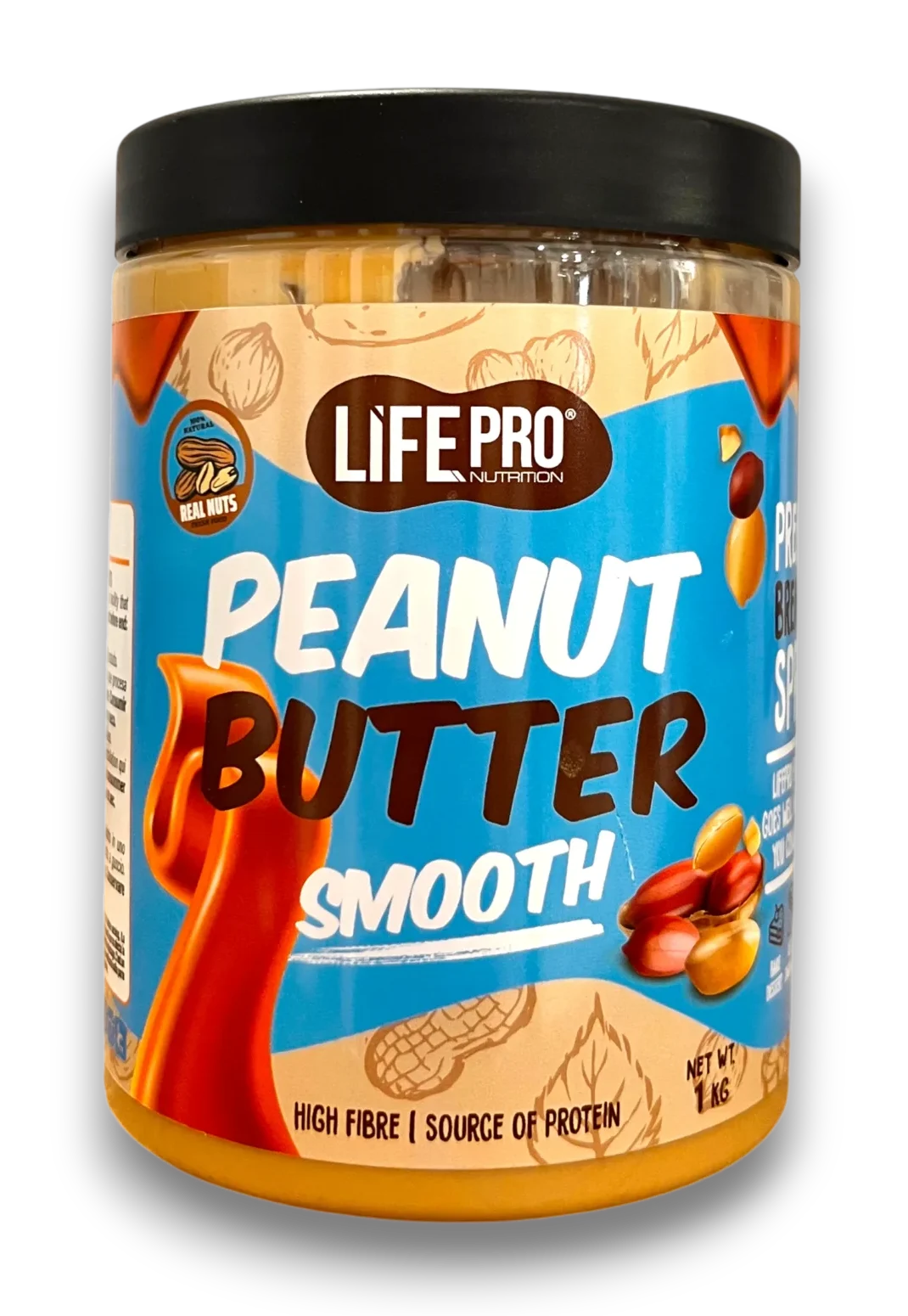 Pot de beurre de cacahuète Life Pro Nutrition Smooth, 1 kg, riche en fibres et source de protéines.