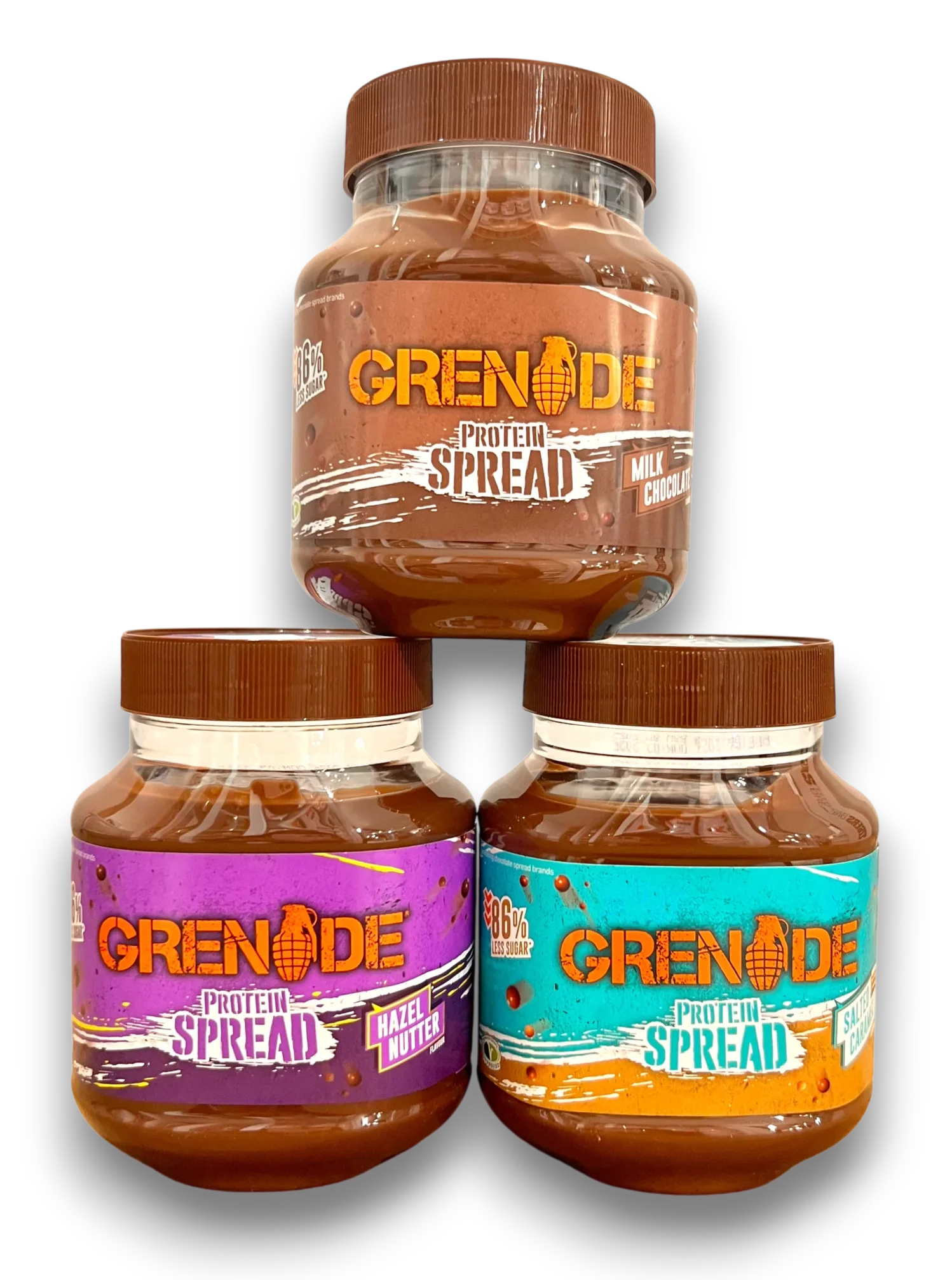 Trois pots Grenade Protein Spread (Milk Chocolate, Hazel Nutter et Salted Caramel), pâte à tartiner protéinée.