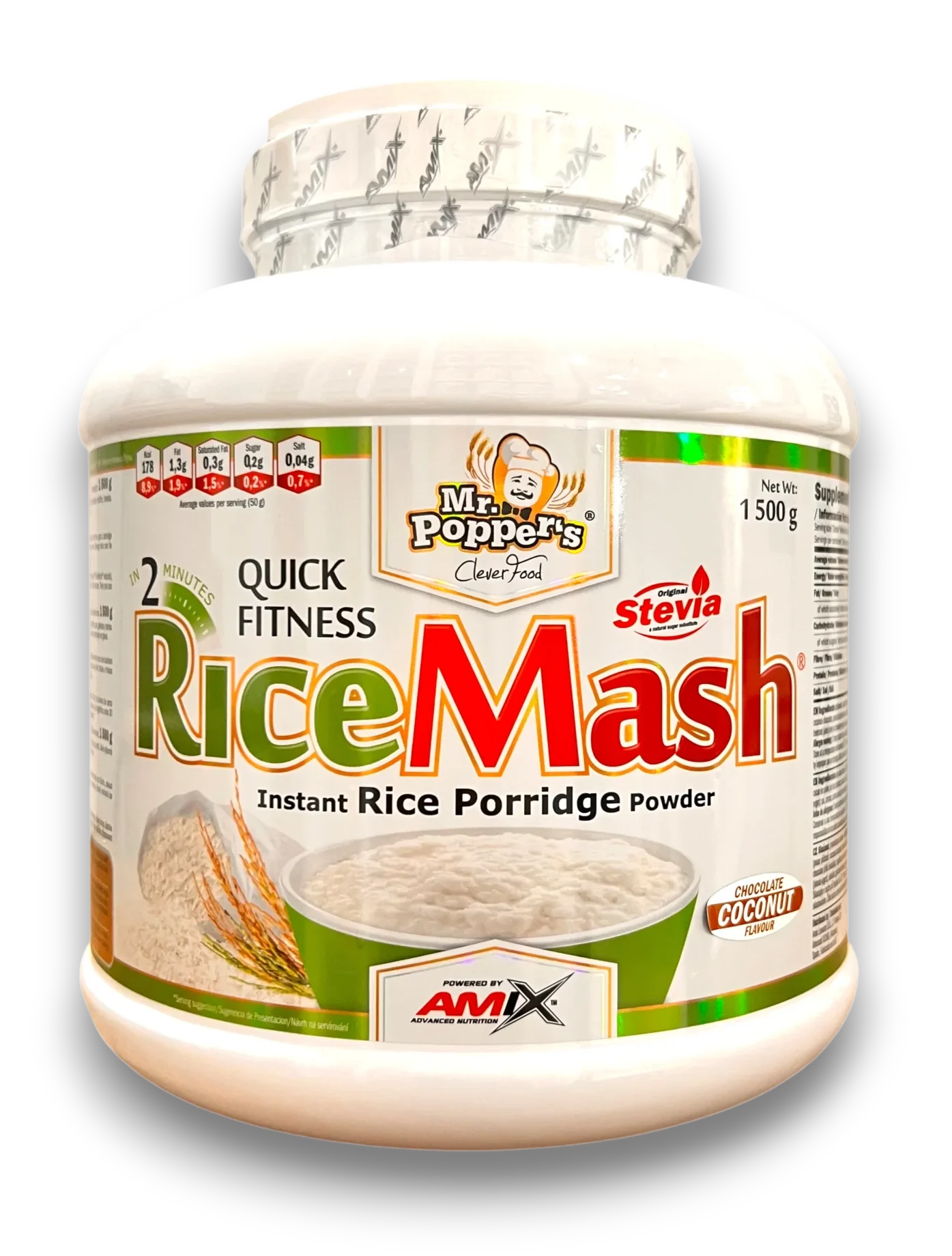 Pot Mr. Popper’s Quick Fitness RiceMash, poudre de porridge de riz instantané au chocolat coco, 1,5 kg, édulcoré à la stévia.