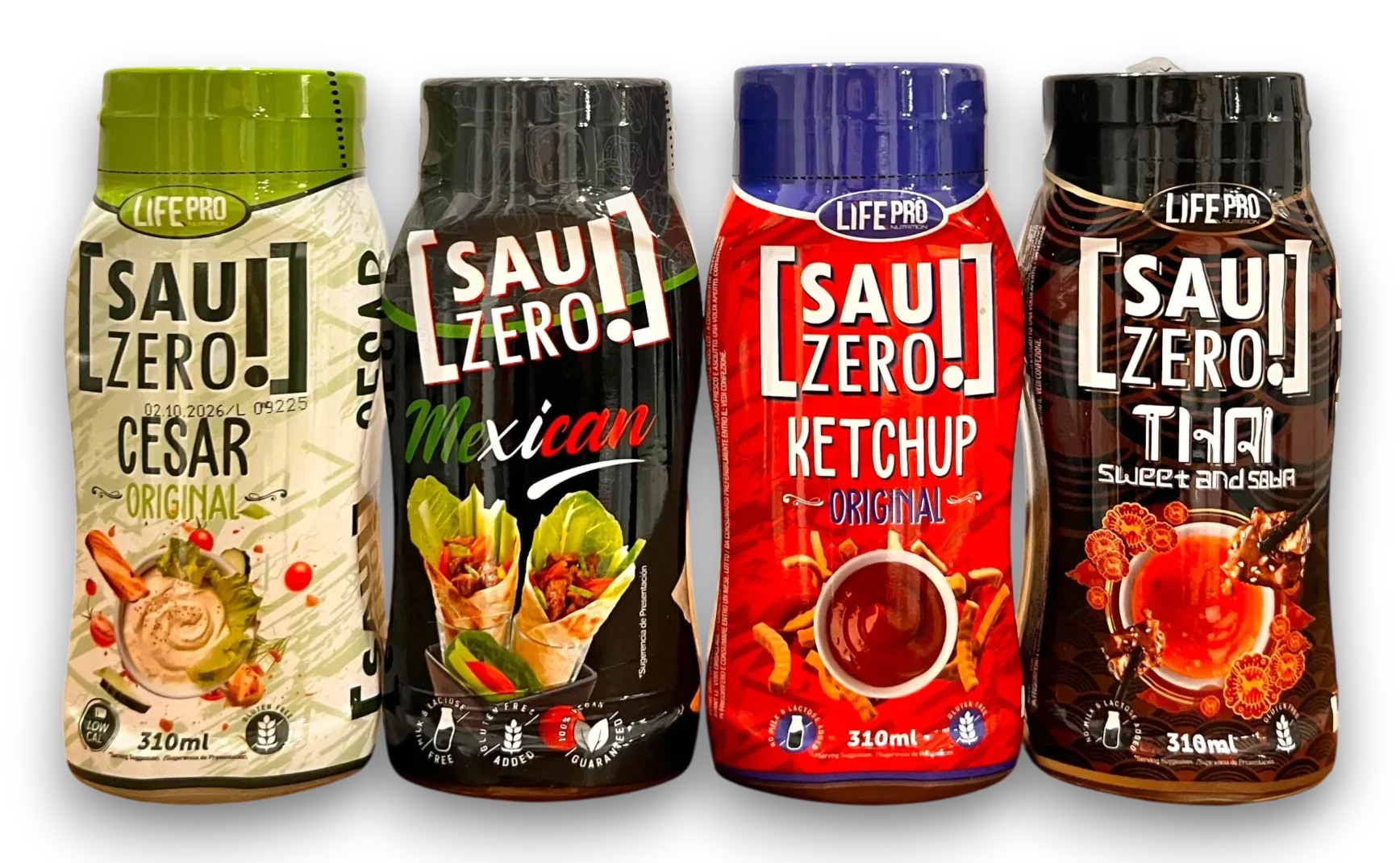 Quatre sauces Life Pro Sauce Zero (310 ml) : Cesar Original, Mexican, Ketchup Original et Thai Sweet & Sour.