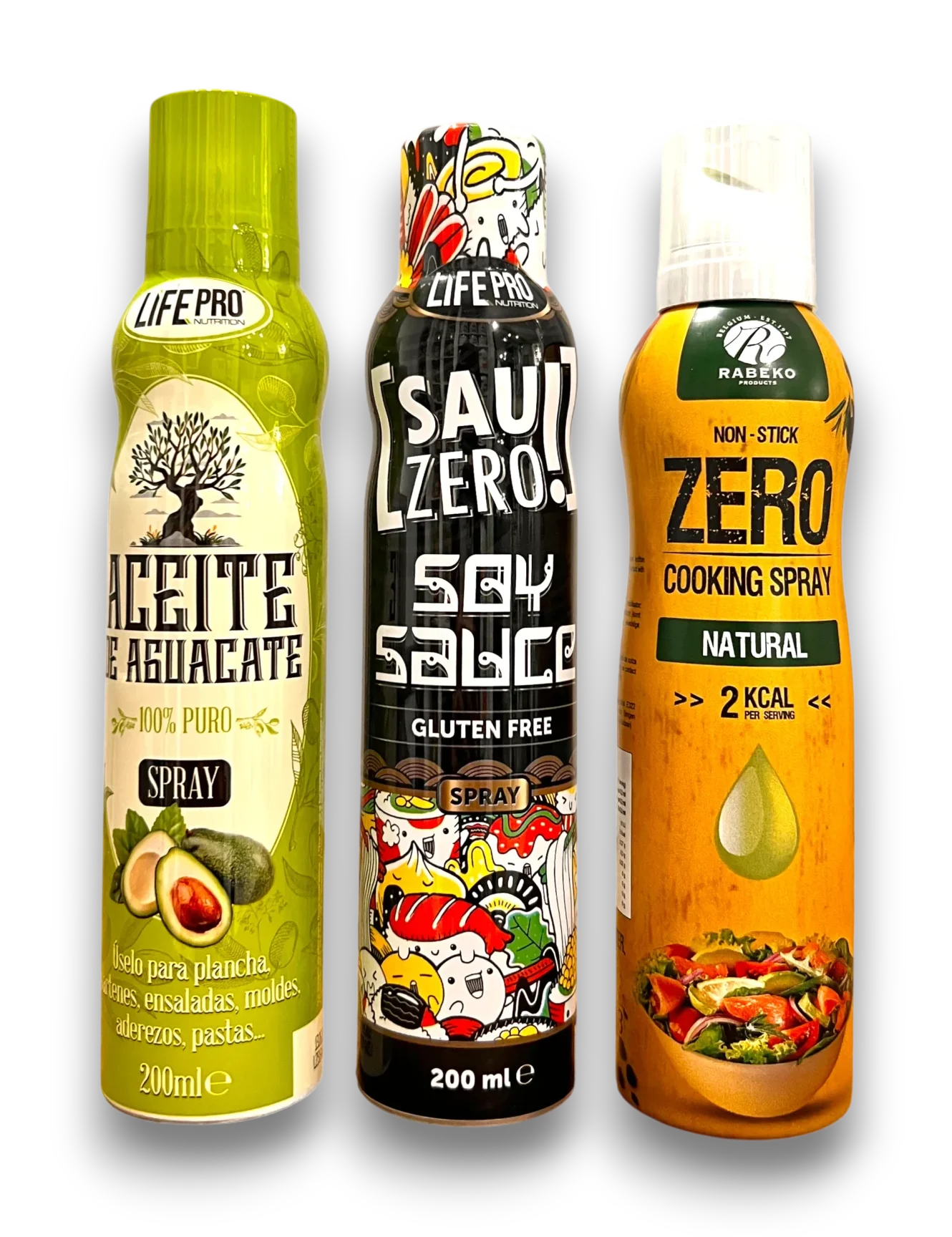 Trois sprays de cuisine : huile d’avocat Life Pro, sauce salée zéro Life Pro et spray cuisson zéro