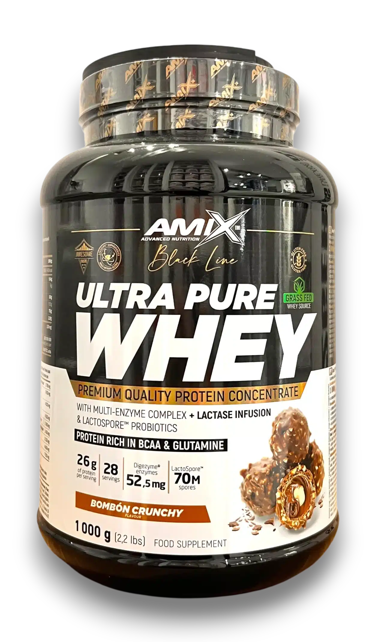 Pot AMIX Black Line Ultra Pure Whey, goût Bonbon Crunchy (1 kg).