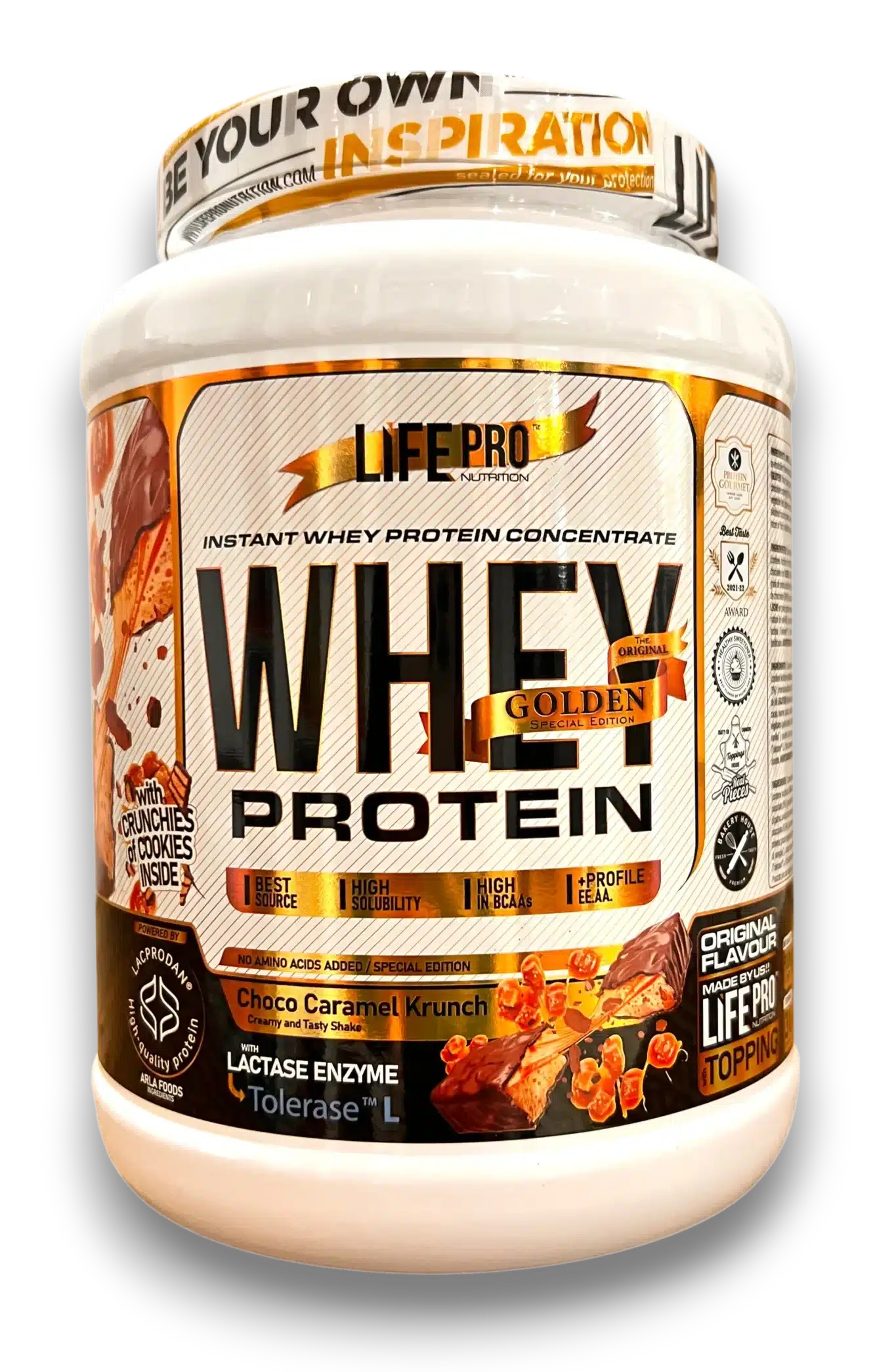 Pot Life Pro Whey Protein – Golden Edition, goût Choco Caramel Krunch.