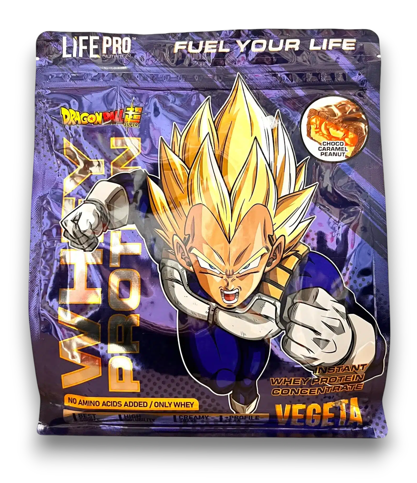 Sachet Life Pro x Dragon Ball – Whey Protein (Vegeta), goût choco caramel peanut.