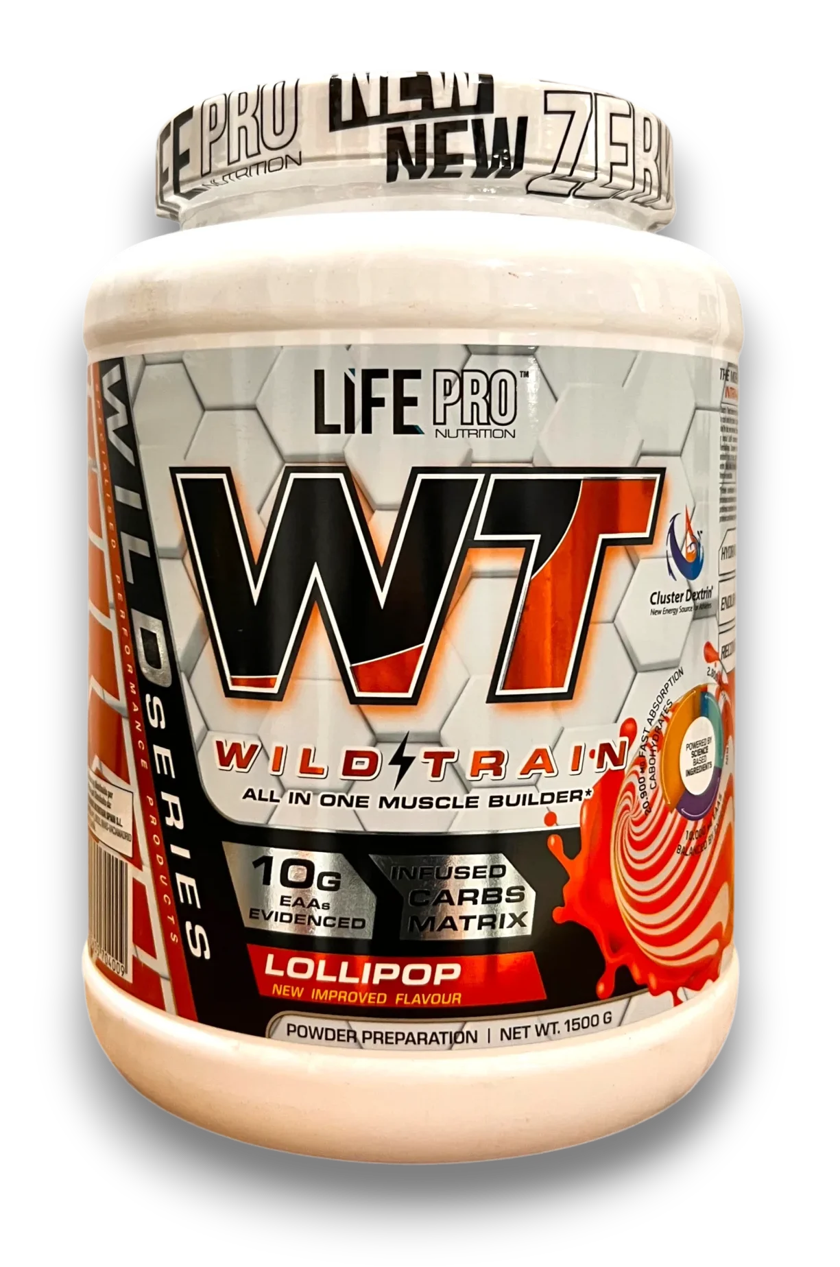 Pot Life Pro Nutrition WT Wild Train, all-in-one muscle builder, saveur Lollipop, 1,5 kg.