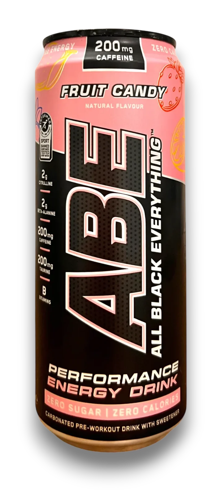Boisson énergisante ABE All Black Everything Fruit Candy zero sucre 200 mg caféine 330 ml