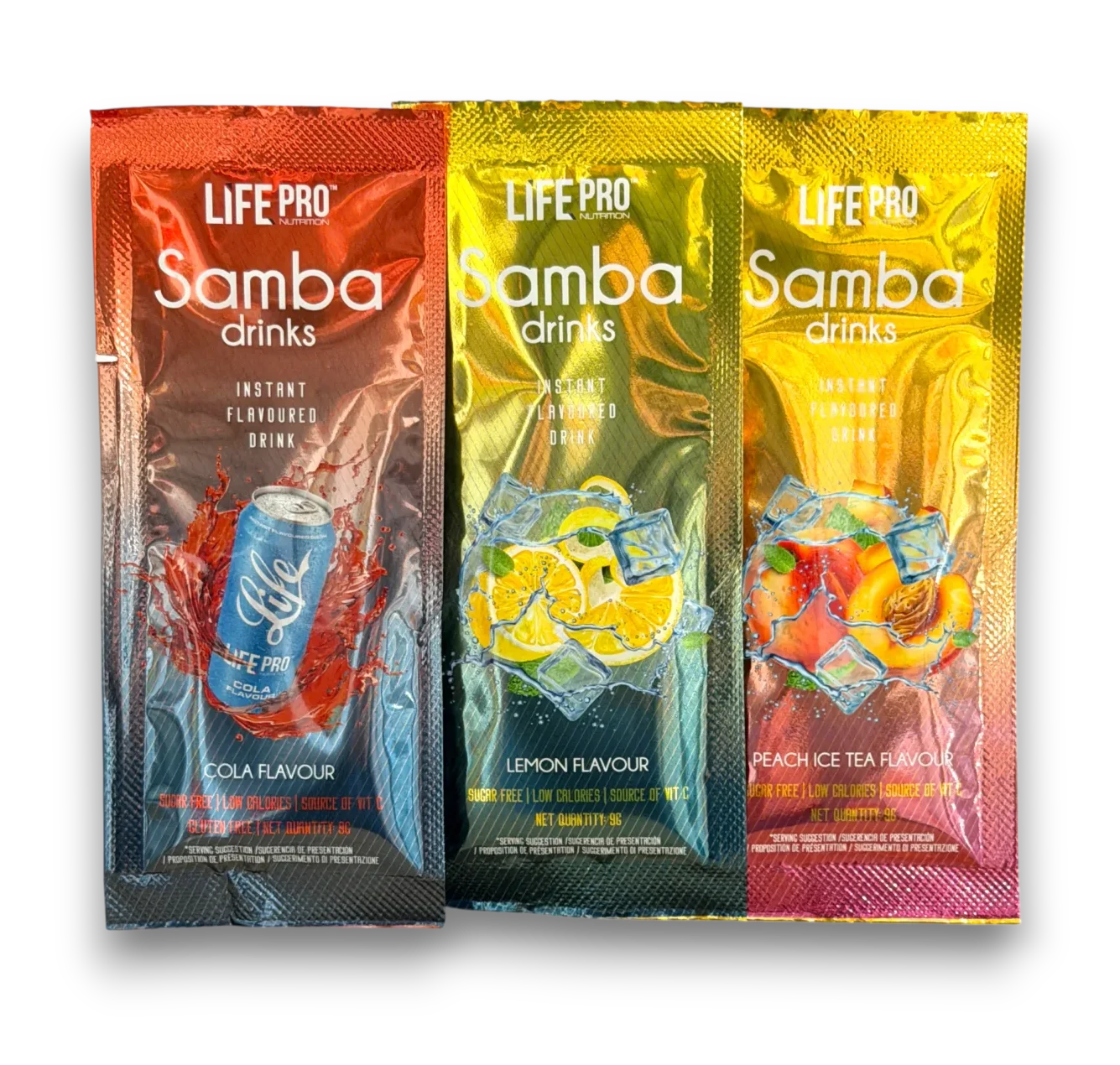 Boissons instantanées Life Pro Nutrition Samba Drinks saveurs cola citron et thé glacé pêche sans sucres ajoutés