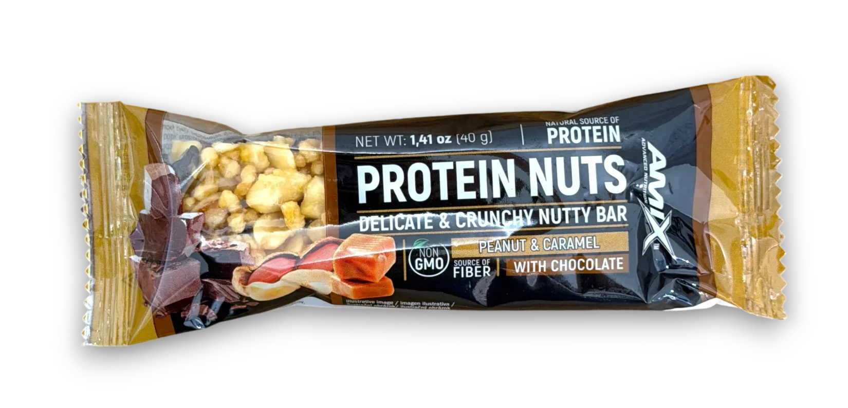 Barre AMIX Protein Nuts cacahuète caramel avec chocolat riche en protéines et source de fibres